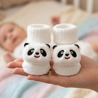 Maman montre les chaussettes bebe blanc panda à bébé