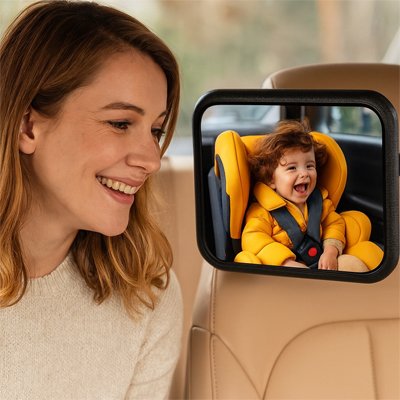 Maman observe bébé dans miroir voiture bébé