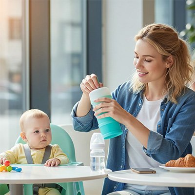 Maman ouvre boite doseuse lait au restaurant