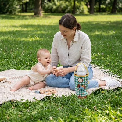 Maman pique-nique avec bébé tient porte biberon fleuri vert