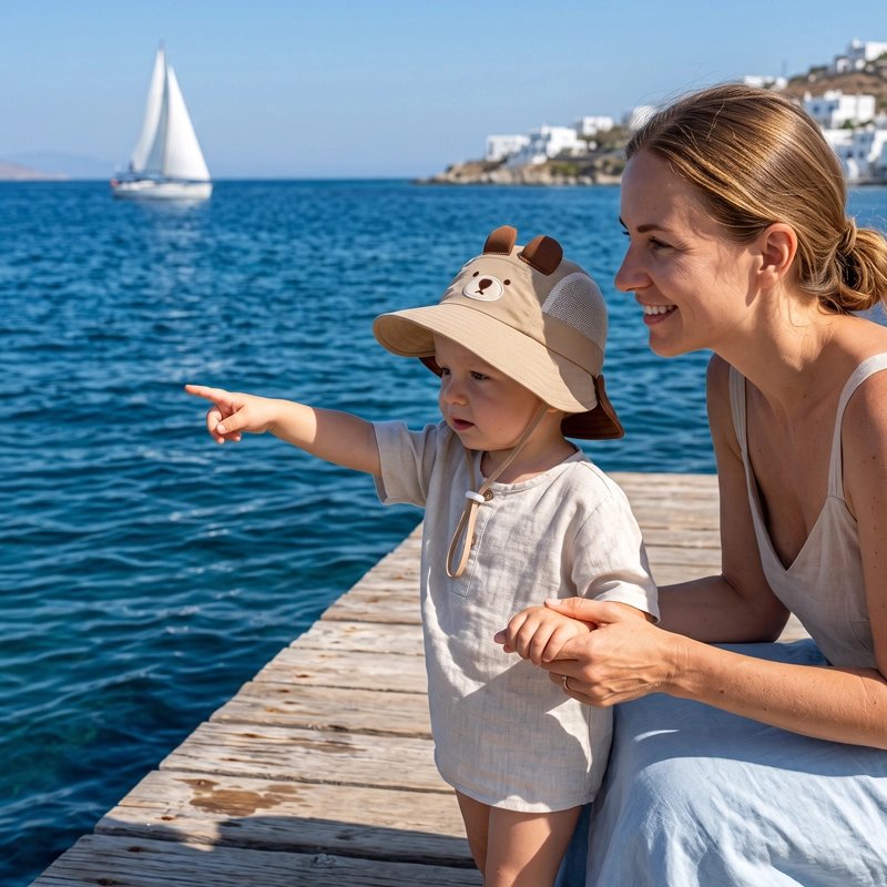 Maman à plage avec bébé portant chapeau bebe marron