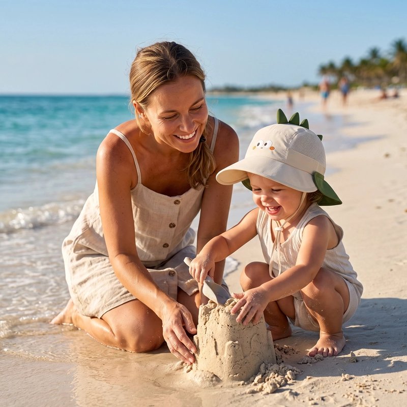 Maman à plage avec bébé portant chapeau bebe