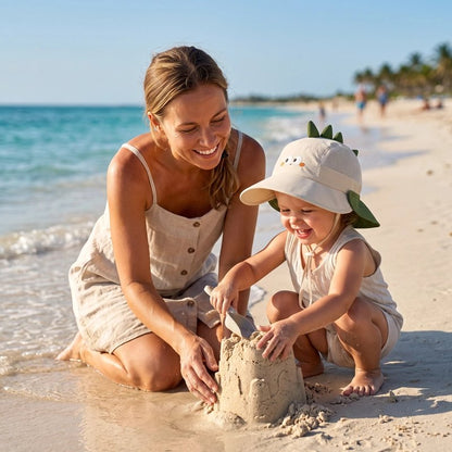 Maman à plage avec bébé portant chapeau bebe