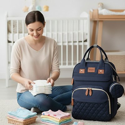Maman plie affaires de bébé près sac à langer bebe