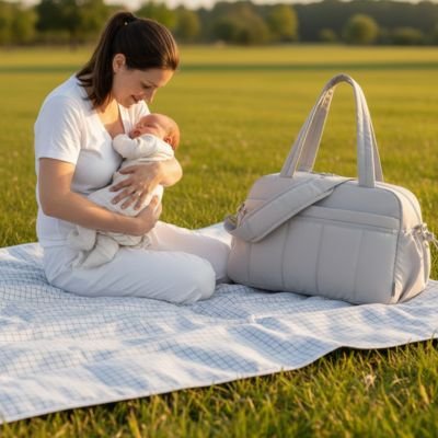 Maman porte bébé au parc avec sac à langer beige