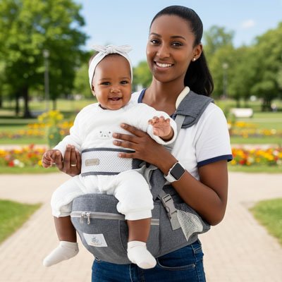 maman porte bébé au parc dans porte bébé gris