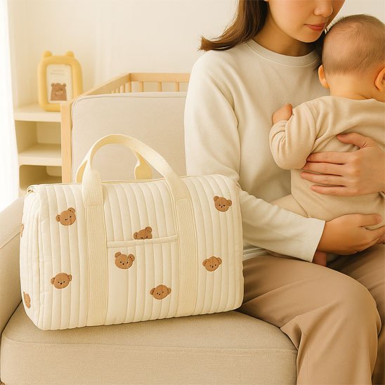 maman porte bébé avec sac à langer beige ourson à côté