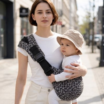 maman porte bébé côté droit dans porte bébé noir fleuri 