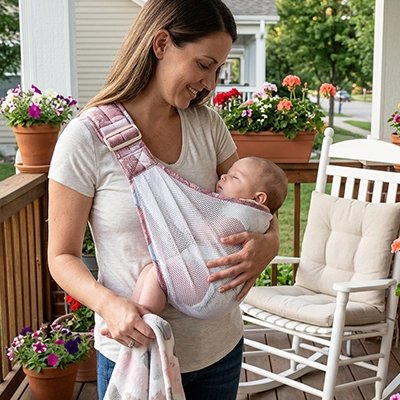 Maman porte bébé dans écharpe de portage rose filet dehors