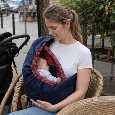 Maman porte bébé dans echarpe de portage rouge