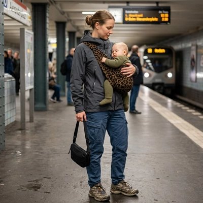 Maman porte bébé dans porte bebe motif léopard