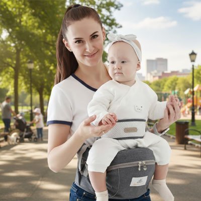 maman porte bébé en balade dans porte bébé gris