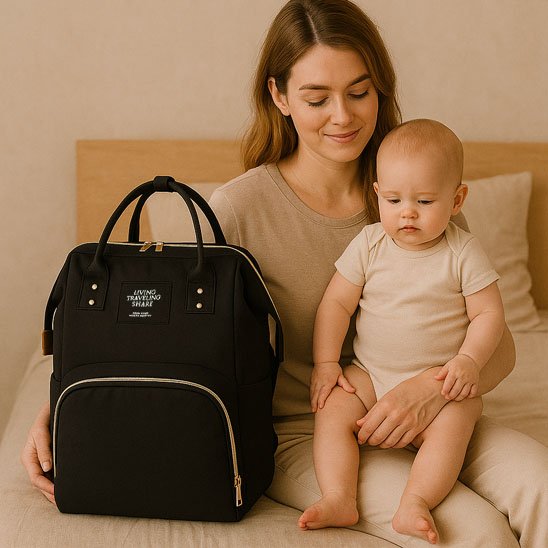maman porte bébé sur genoux avec sac à langer noir