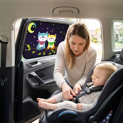 Maman met ceinture près pare soleil voiture bébé chat