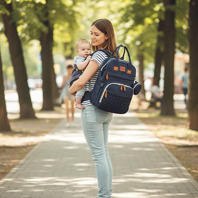 Maman porte sac à langer bleu jean au parc