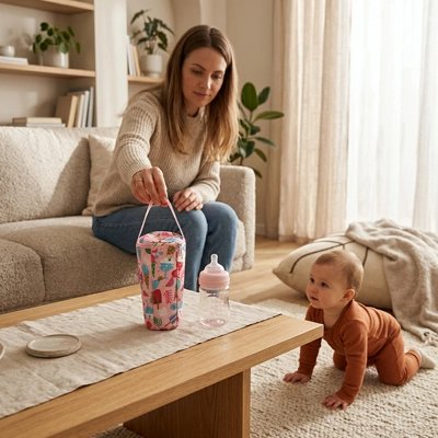 Maman pose sur table  porte biberon rose fruit