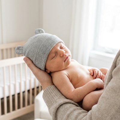 Maman prend bébé adorable portant bonnet bebe bleu petites oreilles