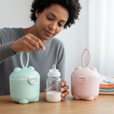 Maman prepare biberon avec boite doseuse lait vert