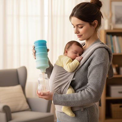 maman prépare biberon avec  boite doseuse lait