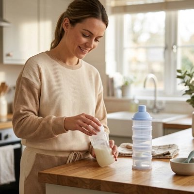 Maman prépare boite doseuse lait