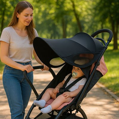 Maman près bébé sous par soleil pour poussette​ 
