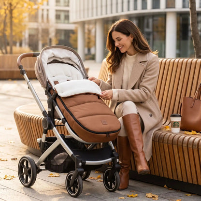 Maman présente chancelière poussette couleur café