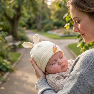 Maman protège bébé portant bonnet bebe jaune 