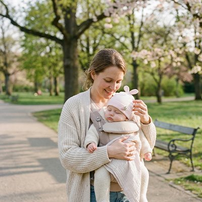 Maman protège bébé portant bonnet bebe rose