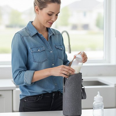 Maman range biberon dans porte biberon gris