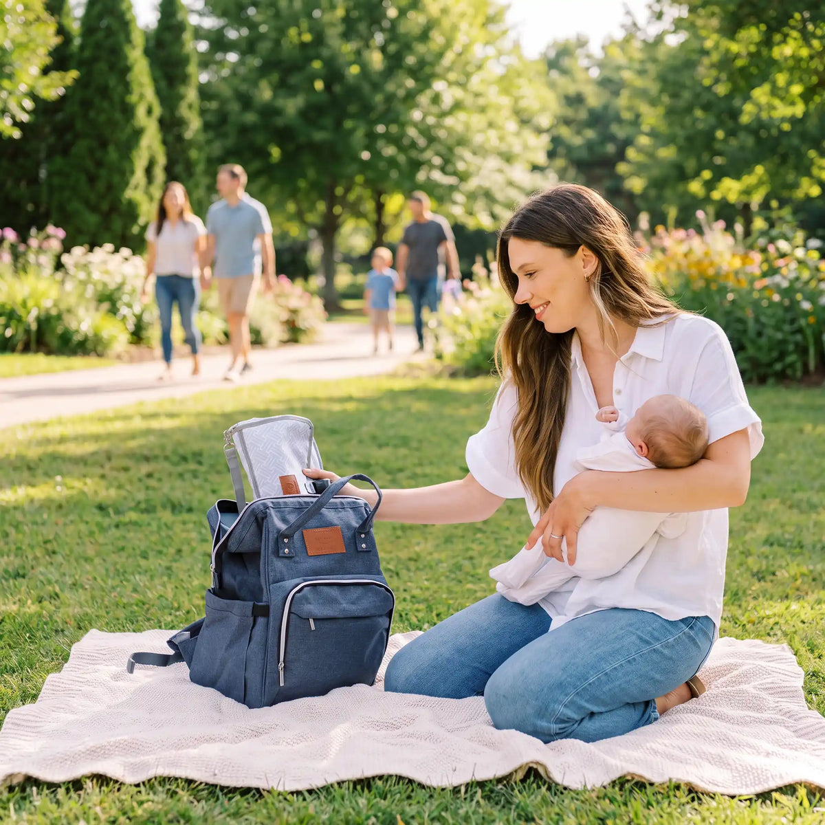 Maman range lingettes dans sac a langer bleu jean