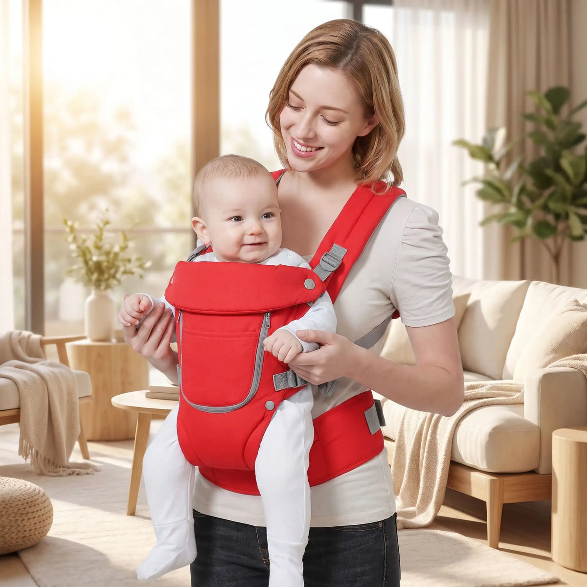 Maman riant avec bébé dans porte bebe rouge vive