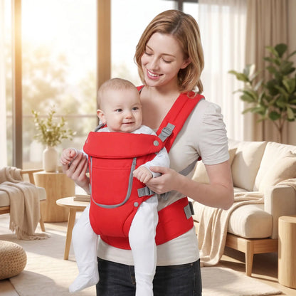 Maman riant avec bébé dans porte bebe rouge vive