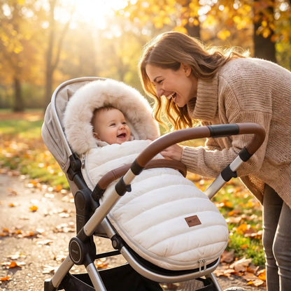 Maman rit avec bébé dans chancelière poussette beige fourrure
