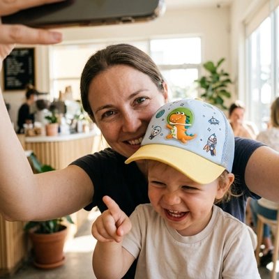 Maman rit avec bébé portant casquette bebe bleu jaune