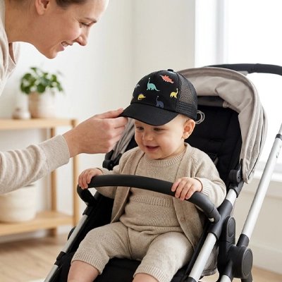 Maman rit avec bébé portant casquette bebe noir dauphin