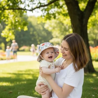 Maman rit avec bébé portant chapeau bebe fleuri champêtre