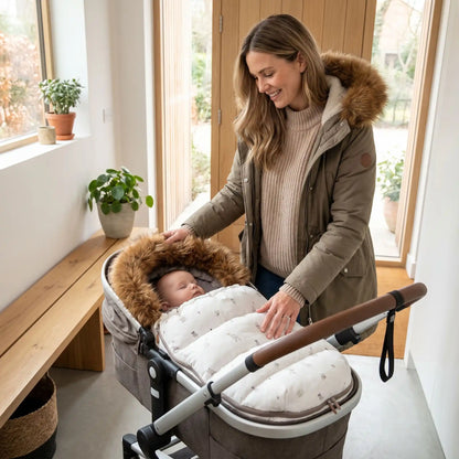 Maman sort avec bébé dans chancelière poussette motif oie