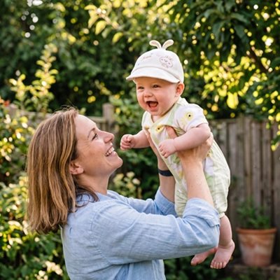 Maman soulève bébé portant casquette bebe beige