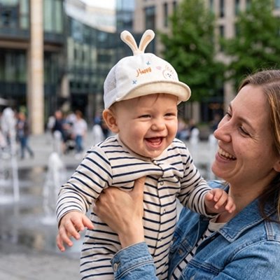 Maman soulève bébé portant casquette bebe bleu