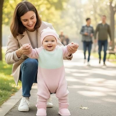 Maman souriante aide bébé portant chaussure bebe bottines douillettes beige