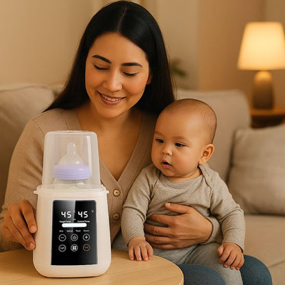 Maman  souriante et  bébé à côté de chauffe biberon blanc

