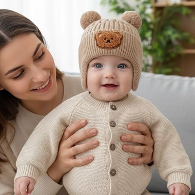 maman souriante et bébé portant bonnet bebe marron tricot
