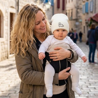 Maman souriante tenant bébé portant bonnet bebe blanc  en extérieur