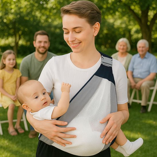 Maman souriante tient bébé dans écharpe de portage gris blanc 