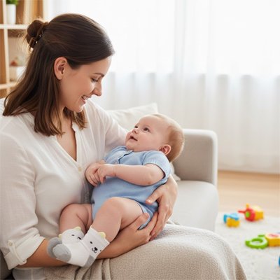 Maman souriante tient bébé portant chaussettes bebe bleu