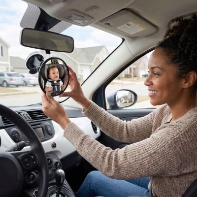 Maman sourit à bébé dans miroir voiture bebe