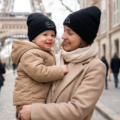 Maman tenant bébé portant bonnet bebe noir en extérieur