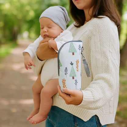 Maman tient bébé au parc avec porte biberon bebe gris