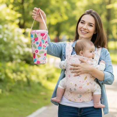 Maman tient bébé avec porte bebe biberon rose fruit