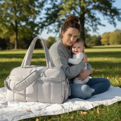 Maman tient bébé dans bras avec  sac à langer gris